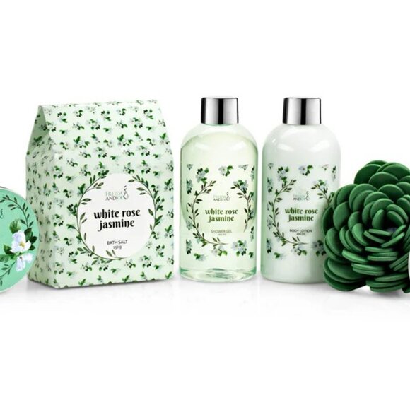 White Rose Jasmine Bath & Body Set | Aromatherapy Gift in Wood Curio Box - Picture 2 of 5